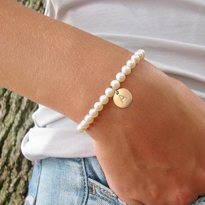 Ursteel Pearl Initial Bracelet for Women - Dainty 14K-Gold-Plated Letter Pearl Beaded Bracelet Jewelry for Women, Bridesmaid Proposal Wedding Bride Party Bridal Shower Birthday Gift