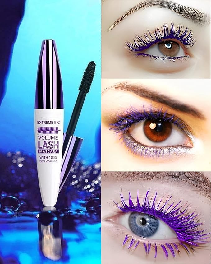 5D Colored Mascara Volume and Length,Blue Purple Waterproof Smudge-proof Mascara for Eyelashes,Volumizing Lengthening Curling rimel de pestañas,Cosplay Party Stage Use,Women's Makeup Gift for Women