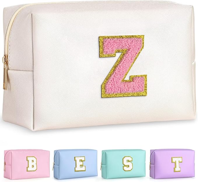 TOPEAST Preppy Makeup Bag, Small Cosmetic Travel Bags for Women, PU Leather Waterproof Toiletry Bag with Zipper, Personalized Birthday Gift for Women Girl, Preppy Gifts for Girl (Pearly White Z)
