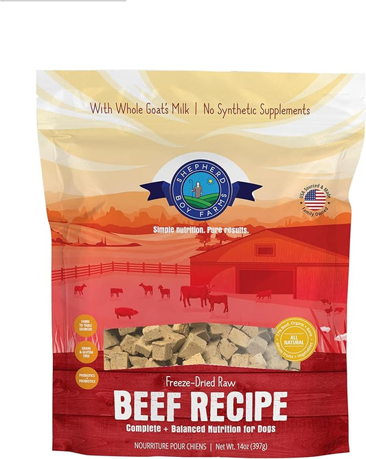 Freeze Dried Raw Dog Food, All Natural, No Synthetics, Made in USA with Goat's Milk & Organic Produce, High Protein, Complete Meal (14oz, Beef)