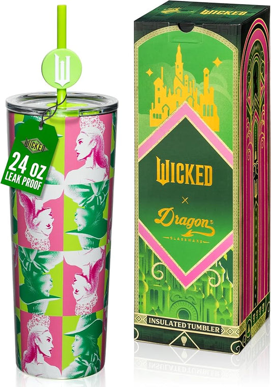 Dragon Glassware x Wicked 24 oz Vacuum Insulated Tumbler with Lid and Straw - Tumbler Cup with 2 Straws - Stainless Steel Tumbler with Straw Topper for Water, Iced Tea - Portraits