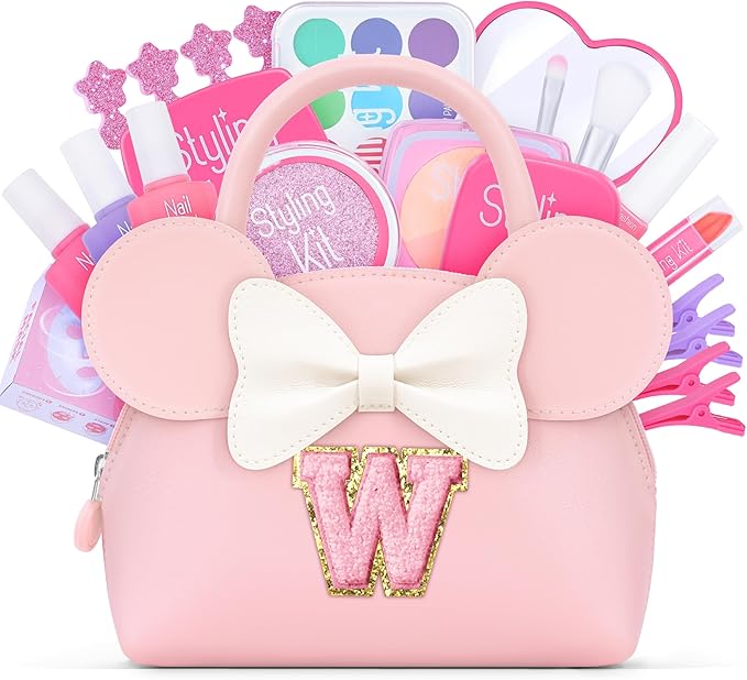 Pretend Makeup Kit for Girls Kids Toddlers - Initial Purse & Makeup Sets for Kids Make Up Toys Gifts for Girls Kid W