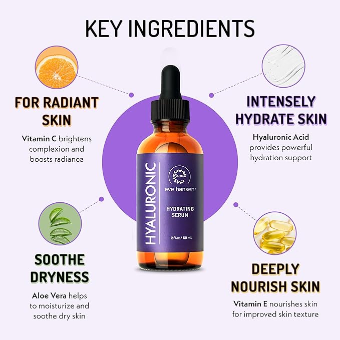 Eve Hansen Hydrating Hyaluronic Acid Serum for Face with Vitamin C, Vitamin E, Green Tea | 72% Organic Firming Facial Moisturizer, Anti-Wrinkle, Skin Plumper (1 oz)