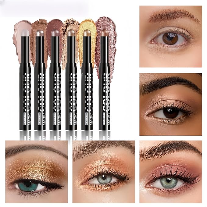 MAEPEOR Eyeshadow Stick Set 6 PCS Highly Pigmented Cream Eyeshadow Pen Waterproof and Long Lasting Shadow Pencil (Set 01)