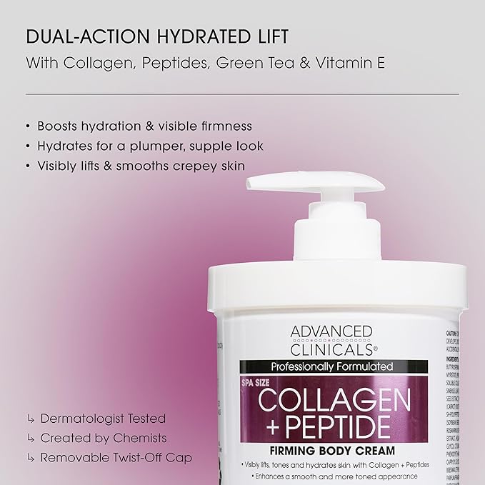Advanced Clinicals Collagen Peptides Body Lotion & Face Moisturizer | Peptide Infused Collagen Lotion For Women & Men Helps Improve Look Of Crepey Skin, Wrinkles, & Uneven Dry Skin Texture, 16 Ounce