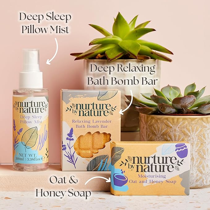 Nurture by Nature RELAX & CALM Spa Kit - Birthday Gifts for Women - Spa Gift Baskets For Women, 6-in-1 Self Care Kit, Bath Sets Gift - Lavender Pillow Mist, Bath Salts, Body Scrub, Bath Bomb