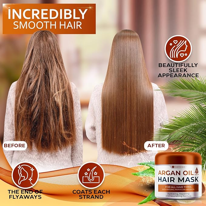 Moroccan Argan Oil Mask - Deep Conditioning Moisturizer for Dry, Extremely Damaged Hair - Hydrating Repair Treatment for Split Ends - With Collagen and Keratin for Curly, Frizzy and Color Treated Hair