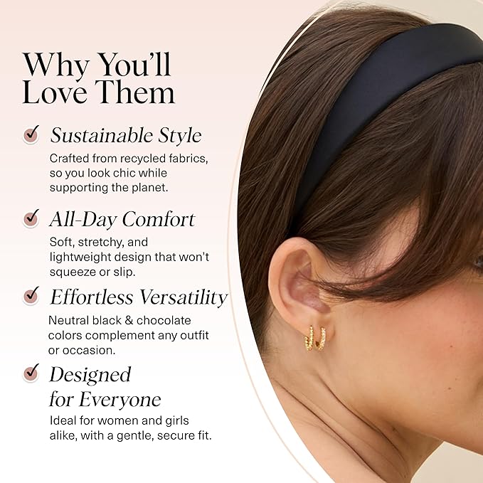Kitsch Velvet & Satin Headbands for Women - Non Slip, Soft and Lightweight - Stylish Headbands for Girls with Chic Neutral Shades | Ideal Gifts for Women - Black & Chocolate, 2pc Set