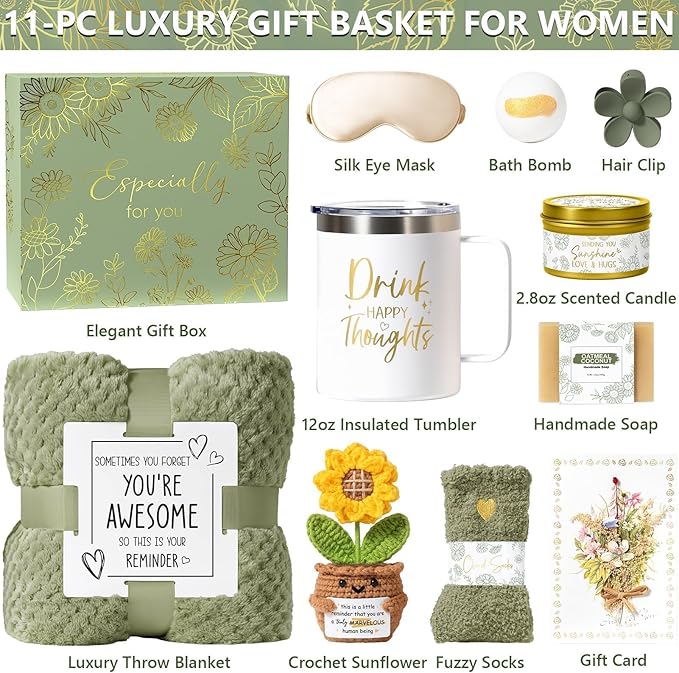 Birthday Gifts for Women Self Care Get Well Soon Gift Baskets, Spa Care Package Thinking of You Gift Set, Sympathy Inspirational Sunflower Christmas Gifts for Women Mom Her Best Friends Sister Wife