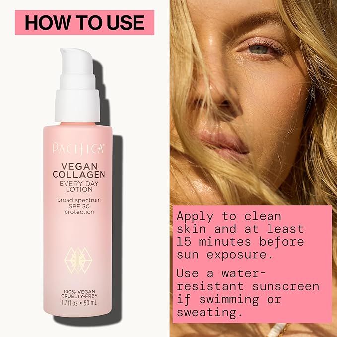 Pacifica Beauty Vegan Collagen SPF 30 Broad Spectrum Sunscreen Every Day Face Lotion, UVA/UVB Protection for All Skin Types, Lightweight, Moisturizing & Hydrating, Cruelty Free, White, 1.7 Fl Oz