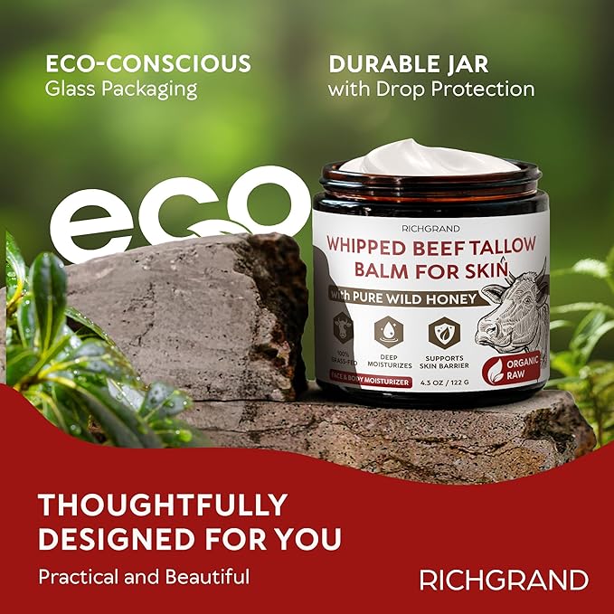 Beef Tallow for Skin – Whipped Tallow and Honey Balm with Grass-Fed Beef Tallow – Organic Daily Tallow Face Moisturizer & Body Balm – Deep Nourishment for Dry, Cracked, Sensitive Skin - 4.3 OZ