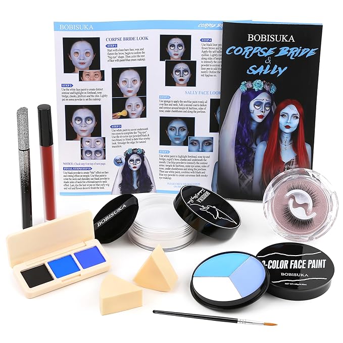 Halloween Sally Makeup & Corpse Bride Makeup Kit, Sally Costume Corpse Bride Make Up SFX Set with Light Blue Face Paint, Black Eyeliner, Lipstick & Faux Eyelash for Sally Face Cosplay & Dress-Up Party
