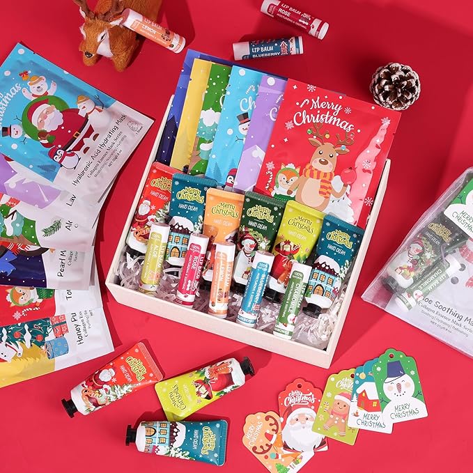 60 Pack Christmas Hand Cream, Facial Mask and Lip Balm Set, Christmas Stocking Stuffers for Women, Bulk Christmas Gifts for Coworkers, Christmas Party Supplies, Party Favors and Christmas Decorations