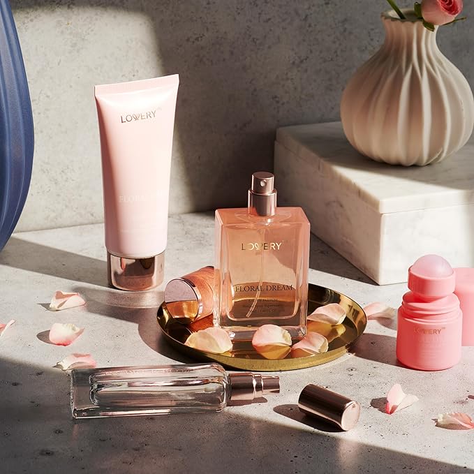 Gift for Women, Floral Dream 4 in 1 Womens Perfume & Deodorant Set - 4pc Pink Eau de Parfum Fragrance Sets - Perfumes for Women Gift Set with Non Toxic Antiperspirant Stick, Body Lotion & Mini Perfume