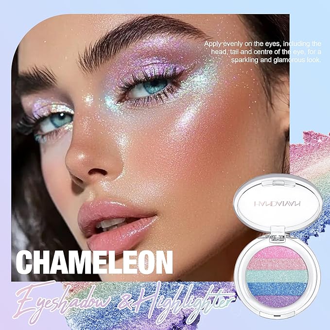 Multi-Use Chameleon Eyeshadow & Highlighter Palette – Iridescent Multichrome Shimmer with Color-Shifting Glow, Long-Lasting Waterproof Glitter Makeup for Eyes, Face & Festival (Rainbow Aurora)