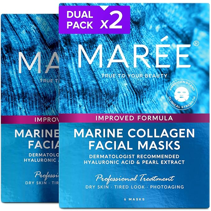 MAREE Collagen Facial Mask with Hyaluronic Acid 2 PACK - Hydrating Face Masks Skincare - Mascarillas Faciales For Women Skin Care - Multicolor, 12 Count
