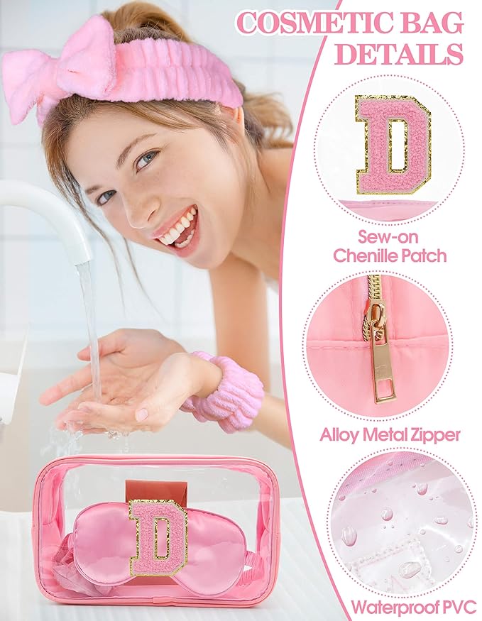 Gift Sets for Women, Initial Makeup Bag with Makeup Brush Set Bachelorette Party Favors, Pink Spa Kit with Skincare Headbands Wrist Bands Sleepover Party Supplies Gifts for Teen Girls Bridesmaid D