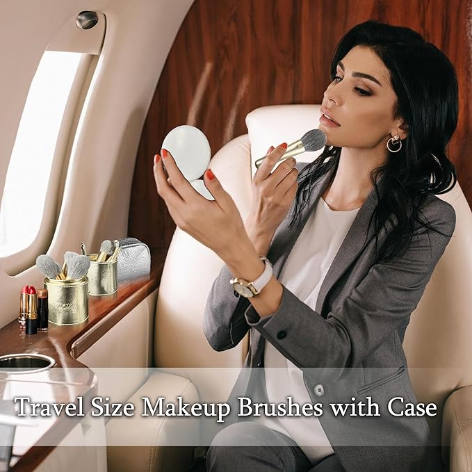 Jilier 14 pcs Mini Makeup Brushes and Pocket Mirror, Travel Makeup Brush Set, LED Compact Mirror with Light, Travel Size with Case, Portable for Handbag, Travel Essentials for Women