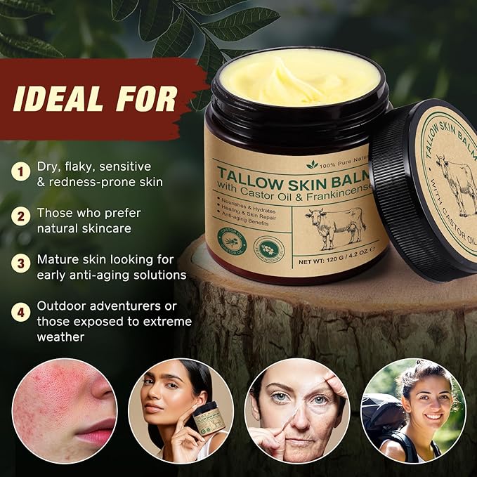 Handmade Tallow, Organic Castor Oil, and Frankincense Oil Face Balm, 100% Grass-Fed Tallow for Skin Care, Face & Body Moisturizer for Sensitive Skin & Dry Skin Age Defying, Natural Lotion