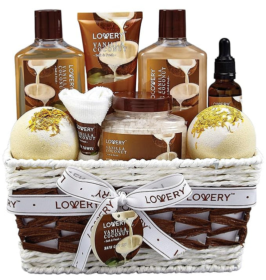 Gifts For Women Gift Basket for Women– 9 Piece Set of Vanilla Coconut Home Spa Set, Includes Fragrant Lotions, Extra Large Bath Bombs, Coconut Oil, Luxurious Bath Towel & More