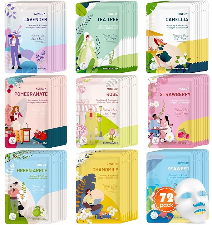 72 Pack Bulk Hydrating Face Masks Skincare, Collagen Sheet Face Mask for Dry, Oily Skin, Spa Gifts for Women Skin Care, Christmas Gifts and Stocking Stuffers for Women (9 Types x 8 Pcs)