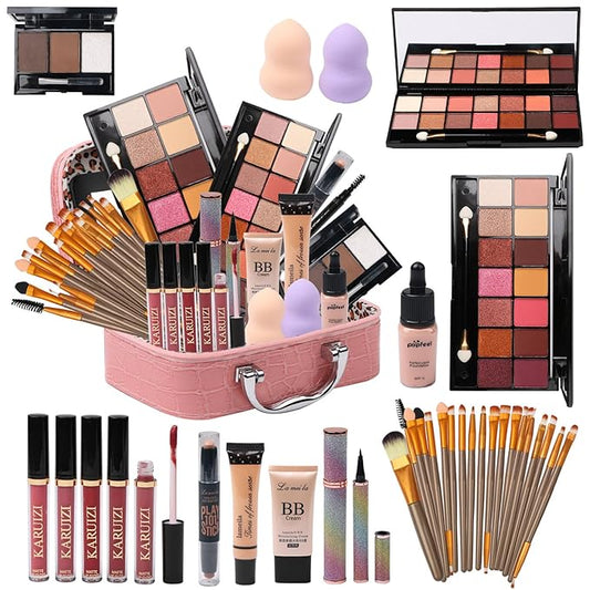 All in One Makeup Kit - 2X14 Eyeshadow Palette, Liquid Foundation, Eyeliner Pencils, Contouring Stick, 20pc Makeup Brushes (Pink)