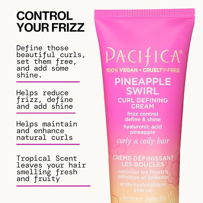 Pacifica Pineapple Swirl Curl Defining Cream – Curl Cream for Curly Hair, Curly Hair Products with Coconut Oil and Hyaluronic Acid, Styling for Bouncy Waves Without Crunch - 4 Oz
