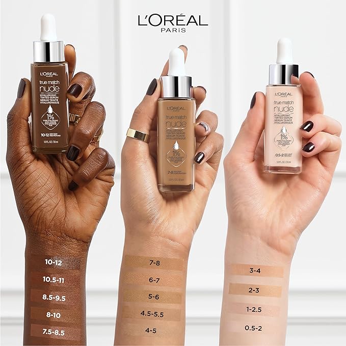 L'Oreal Paris True Match Nude Hyaluronic Tinted Serum Foundation with 1% Hyaluronic acid, Medium Deep 8.5-9.5, 1 fl. oz.