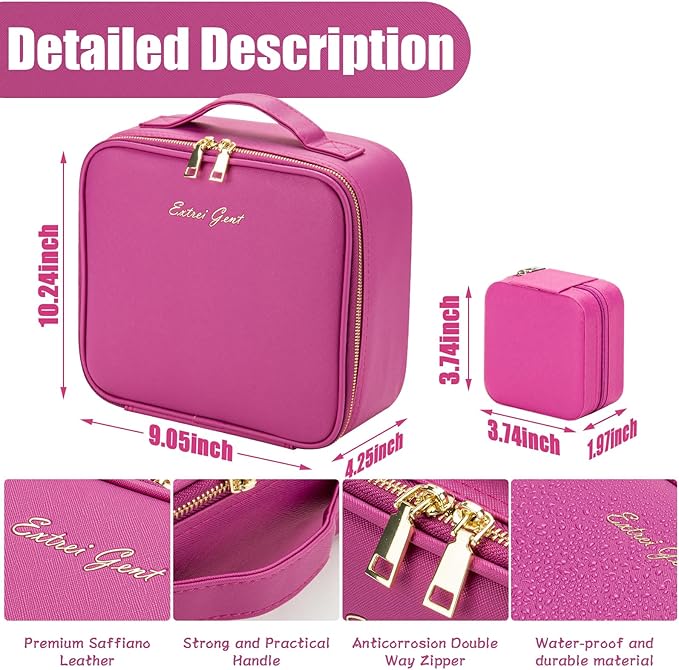 Makeup Travel Train Case with Mirror LED Light 3 Adjustable Brightness Large Cosmetic Bag Portable Storage Adjustable Partition Waterproof Makeup Brushes Make up Jewelry Gift for Women