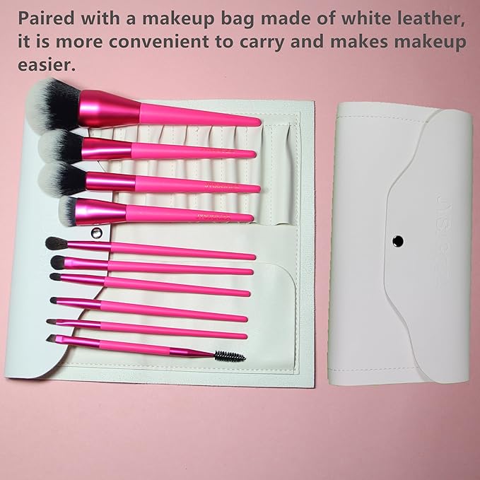 Professional Makeup Brush Set with Includes Brushes for Contouring, Highlighting, Eyeshadow, Foundation & More. 10 Pcs Makeup Brushes with Paired with makeup bag （Rose red color）