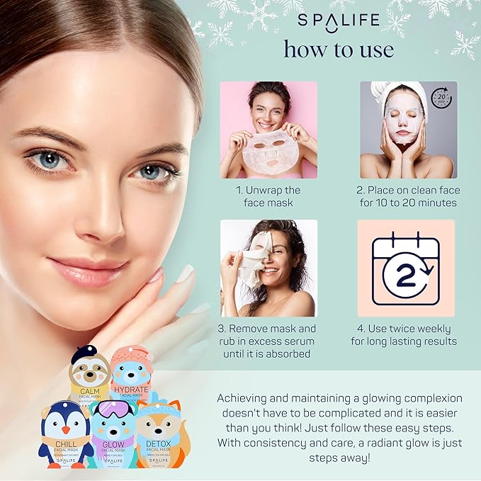 SpaLife Snow Buddies Facial Mask 10 Pack - Hydrating Character Sheet Masks for Women, Moisturizing Skincare Variety Set for Glowing Skin - Korean Facial Mask Spa Treatment with Natural Ingredients