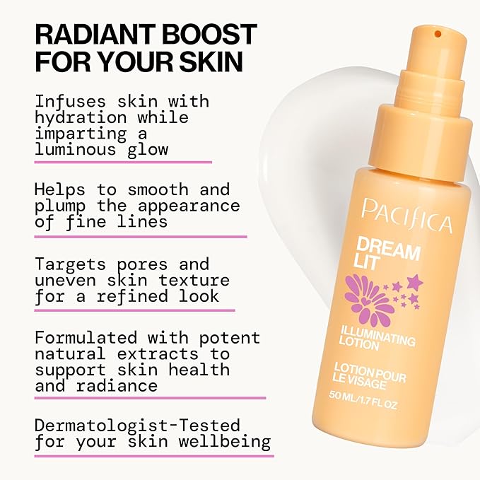 Pacifica Dreamlit Illuminating Facial Lotion – Vitamin C & Niacinamide Brightening Moisturizer for Radiant Glow - Natural Dewy Finish Hydrates & Minimizes Pores - Lightweight Daily Face Cream, Vegan