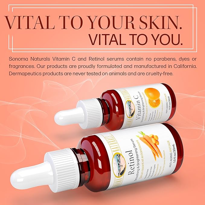 Vitamin C and Retinol Serum for Face, 1 oz. two-pack | Day & Night Kit | Smoothing Natural Anti-Aging Formula | Facial Serum for All Skin