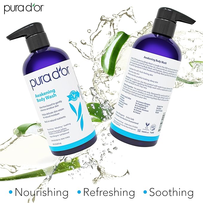 PURA D'OR Awakening Body Wash (16oz x2 = 32oz) Aloe Vera, Chamomile, Lavender, Tea Tree for Invigorating Earthy Scent, pH Balanced for Moisturized Soft, Fresh-Feeling Skin, All Skin Types, Men & Women
