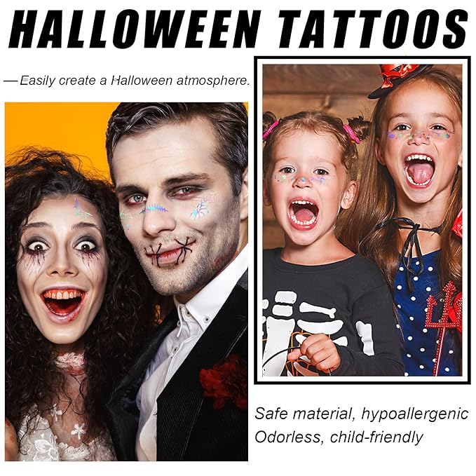 8Pcs Halloween Face Makeup Patches, Glitter Freckles Face Tattoo for Teenagers & Young Women, Sparkle Freckles Makeup Patches, Waterproof Face Glitter Freckles (8PcsC Holographic Multicolor)