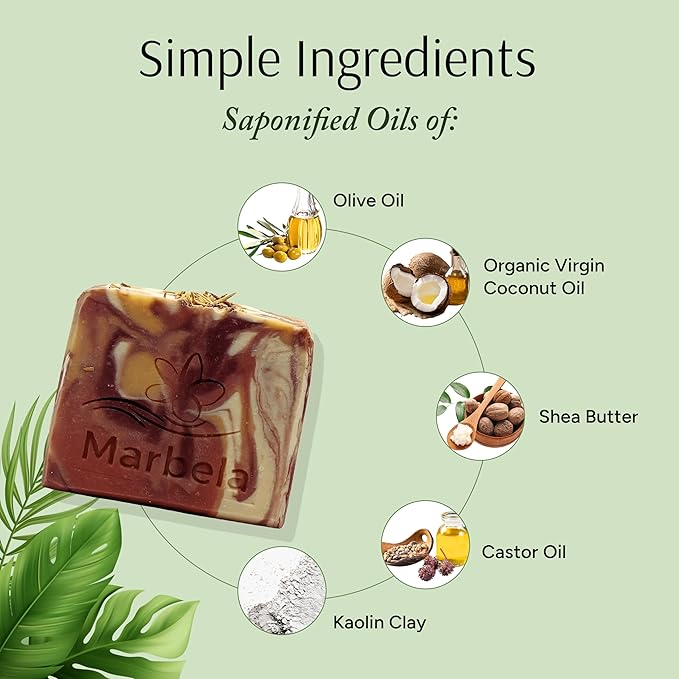 Marbela Cosmetics Clay and Rosemary Handmade Soap Bar - Made in USA, Vegan Friendly, Palm Oil Free, Natural Bar Soap - Gentle Face & Body Soap for Daily Skin Care, Moisturizing & Nourishing - 3.5 oz