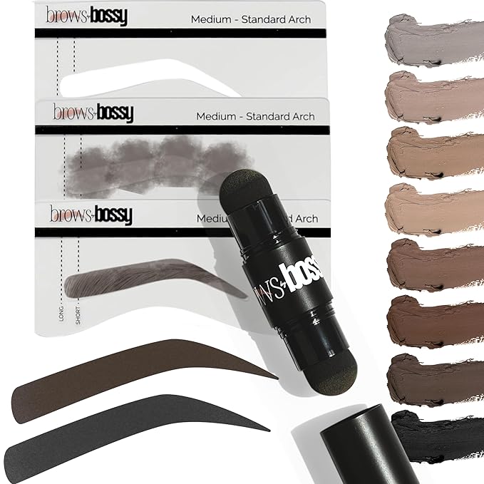 Brows by Bossy Dual-Color Eyebrow Stamp Stencil Kit with 9 Reusable Eyebrow Stencils for Professional Brow Stamping Shaping Kit and Instant Long Lasting Filling and Waterproof Tinting Definer