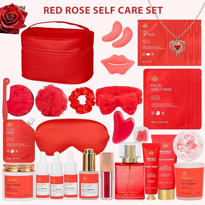 Christmas Gifts for Women, 33 Pcs Rose Facial Skin Care Set, Bath & Body Spa Set, Hydrogel Mask, Makeup Bag, Face Serum, Necklace, Parfume, Bath Bomb, Mother Day, Valentine's, Birthday,Baby Shower