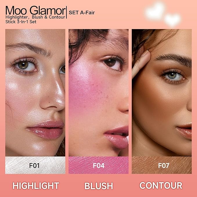 3-in-1 Highlighter,Blush and Contour Sticks Trio with Highlighter Stick Contour Stick and Blush Stick for Cheeks and Face Makeup (Set A Fair)