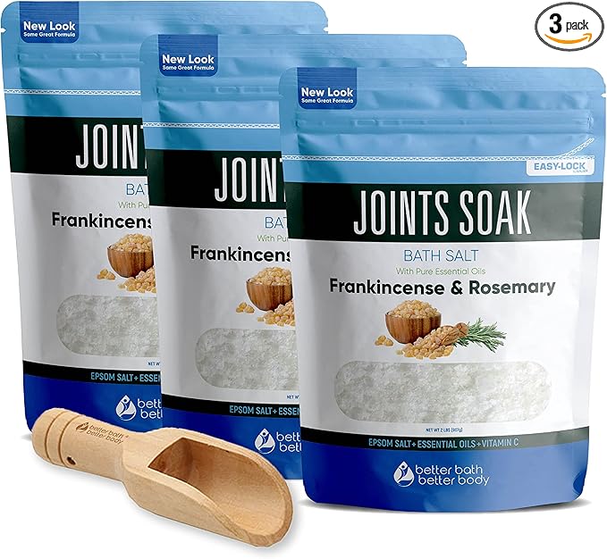Joints Bath Soak (3 Pack with Scoop) Soothing Epsom Salt with Rosemary and Frankincense Essential Oils Plus Vitamin Crystals in BPA Free Pouch Three 2 lbs Pouches 6 Lbs Total