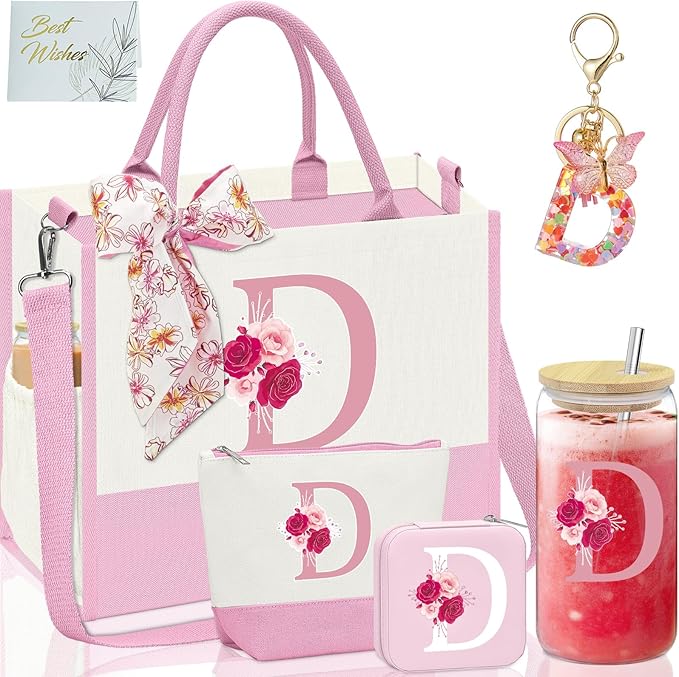 Gifts for Women,Initial Canvas Tote Bag,Personalized Gift for Woman,Monogrammed Gifts for Women,Initial Makeup Bag,Birthday Gift for Mom,present for Niece Sister-D