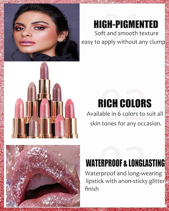 Rose Pink Metallic Glitter Lipstick Long Lasting,Diamond Nude Shimmer Lip Gloss High Pigment Lip Red Color Matte Lip Stick for Women,Sparkling Shiny Transfer Proof Non Stick Tinted Lip Balm Makeup-03