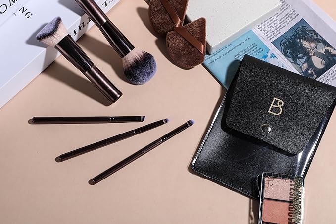 BS-MALL Travel Makeup Brushes Premium Synthetic Foundation Powder Concealers Eye Shadows 7 PCS with Triangle Puff & Storage Bag (Bright black)