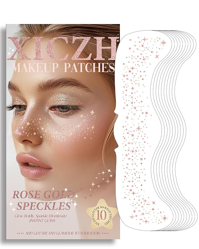 Face Glitter, Rose Gold Temporary Face Tattoos, Face Makeup Patches for Women Girls, Country Concerts Singer Festival Rave Accessories (Rose Gold - 10 pcs)