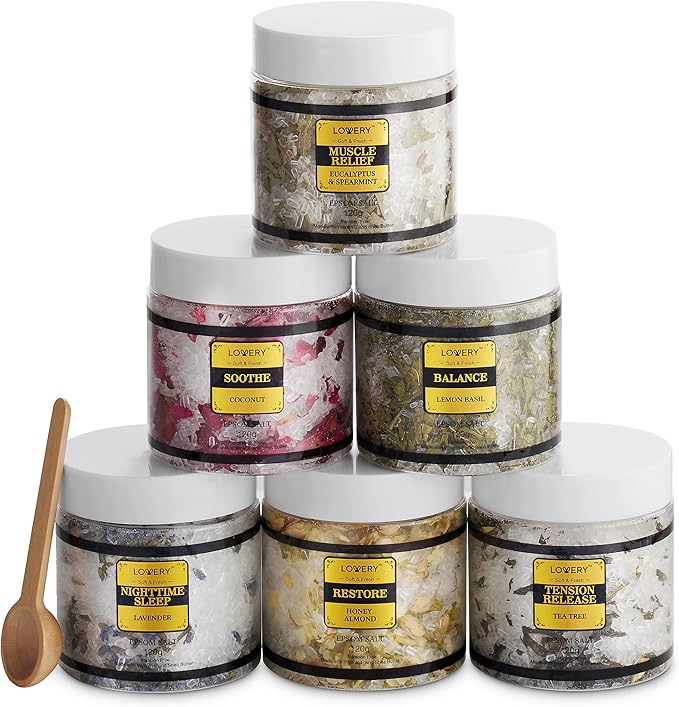 Bath Salts Gift Set with Lavender, Arabica Coffee, Mango, Sugar, Himalayan & Coconut, 6pc Bath Soaks, Relaxing Spa Salt with Essential Oils, Vitamin E, Jojoba Oil, Shea Butter, Fresh Herbs