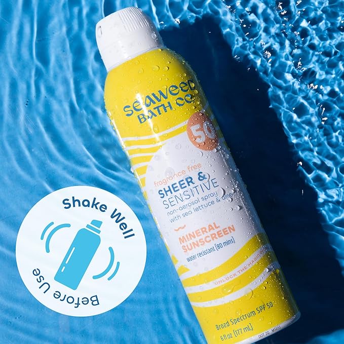 Seaweed Bath Co. Sheer Mineral Sensitive SPF 50 Broad Spectrum Sunscreen Spray - Fragrance Free, Non-Nano, Skin-Friendly Formula - 6 oz