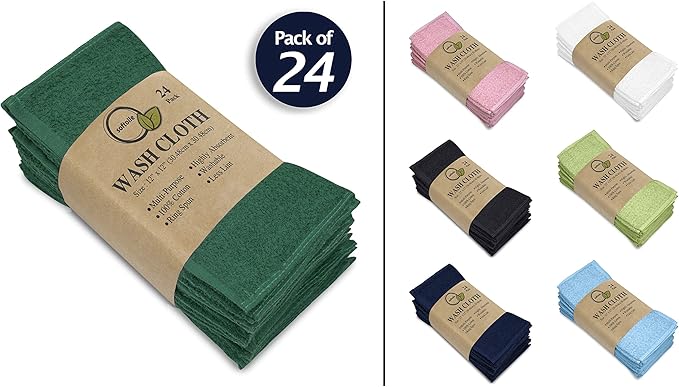 Softolle 100% Cotton Washcloths 24 Pack (12x12 Inches) Soft, Highly Absorbent Washcloth, Face Towels, Wash Cloths for Face, Ring Spun, Bulk Pack (Dark Green)