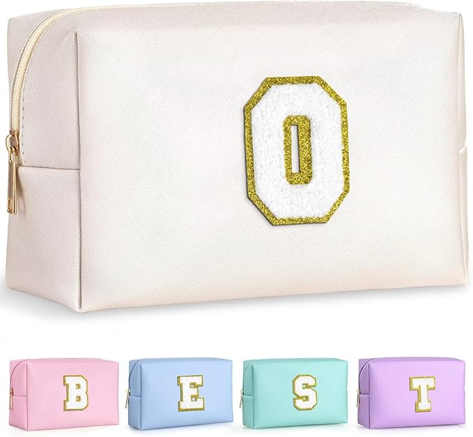 TOPEAST Small Makeup Bag Initial Cosmetic Bag Travel Toiletry Bag, Personalized Birthday Gift for Mom Sister Friends Teacher Nurse, Preppy Travel Stuff for Girls (White O)
