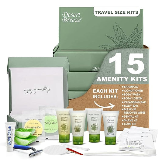Desert Breeze Amenity & Accessory Kit | 1 oz Shampoo, Conditioner, Lotion, Body Wash, Body Bar, Cleansing Bar, Shave & Dental Sets, Make-Up Wipes, Vanity Kit | 15 Sets per Case