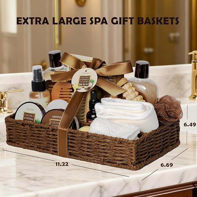 Spa Basket for Women, Coconut Vanilla Bath & Body Set, Christmas & Birthday Gift, Unique Gift with Bath Bombs, Body Lotion, Spa Bath Sets for men Gift Home Spa Set Luxurious Bath Gift & More